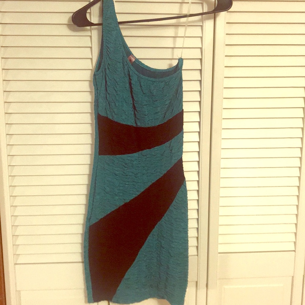 One Shoulder turquoise and black dress